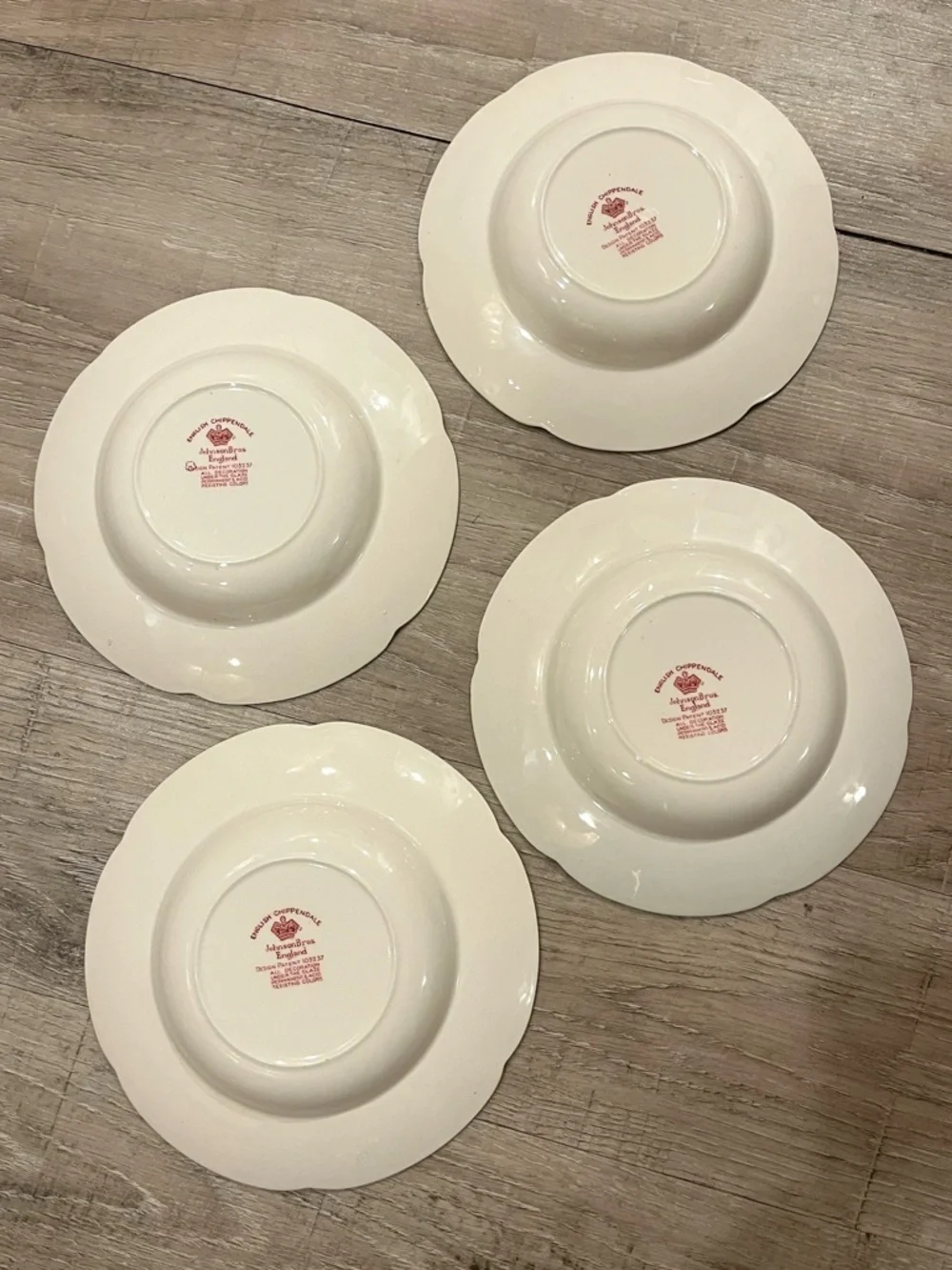 Vintage Johnson Brothers English Chippendale Red Floral Shallow Soup Bowls set 4